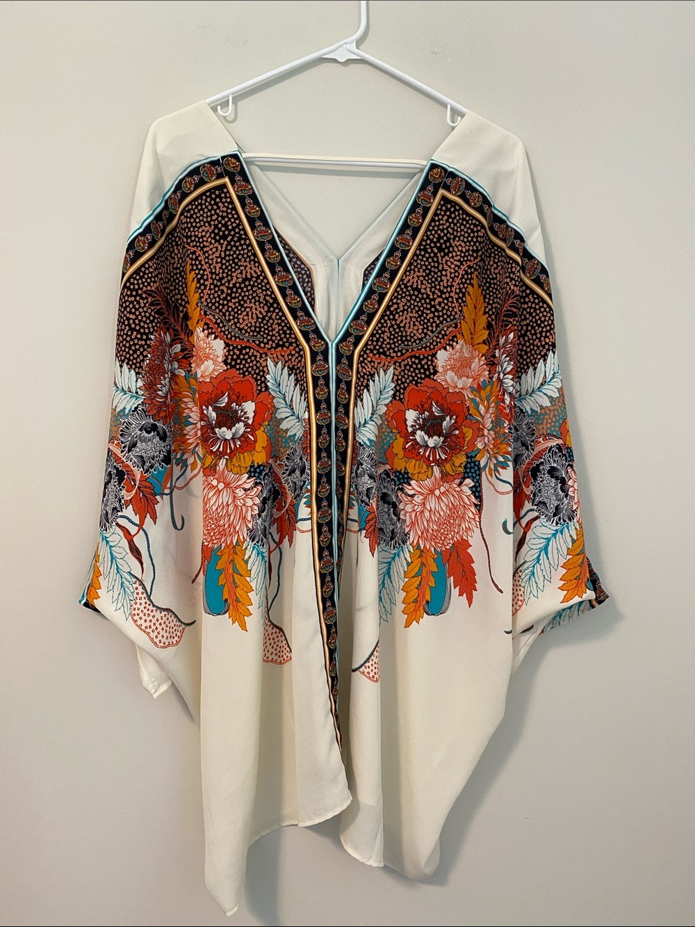 Rose & Olive Ivory Floral Kimono Tunic with Orange & Teal Accents